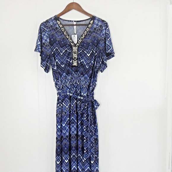 NY Collection Beaded Self Tie Blue Maxi Dress 1X Petite - Picture 6 of 9